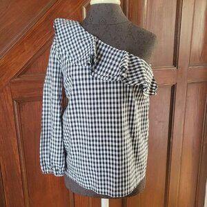 J CREW Black & White Gingham Check One Shoulder Ruffle Blouse Top Size 2T NWT